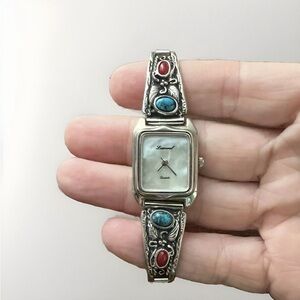 Vintage Navajo Lucoral Stainless Inlaid Faux Coral Turquoise Quartz Ladies Watch